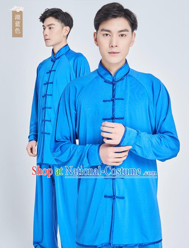 Top Grade Martial Arts Training Lake Blue Milk Fiber Uniform Kung Fu Costume Shaolin Gongfu Tai Ji Clothing for Men