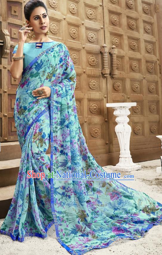 Asian India National Printing Light Blue Georgette Saree Asia Indian Festival Dance Costumes Traditional Female Blouse and Sari Dress Full Set