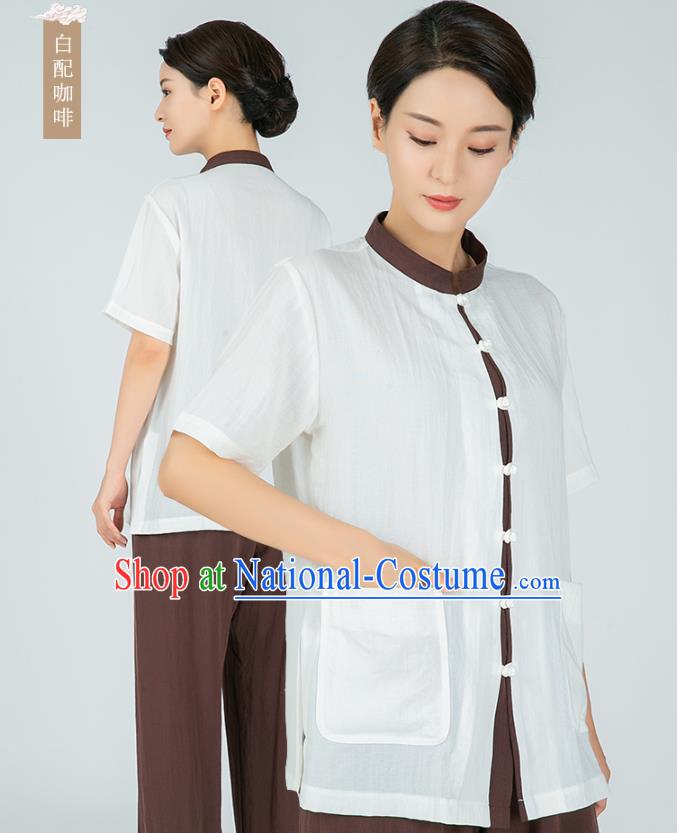 Professional Kung Fu Training White Flax Blouse and Brown Pants Uniforms Martial Arts Shaolin Gongfu Costumes Tai Ji Clothing for Women