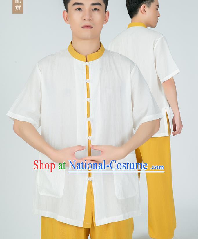 Asian Chinese Traditional Tai Chi White Flax Shirt and Yellow Pants Martial Arts Costumes China Kung Fu Outfits for Men