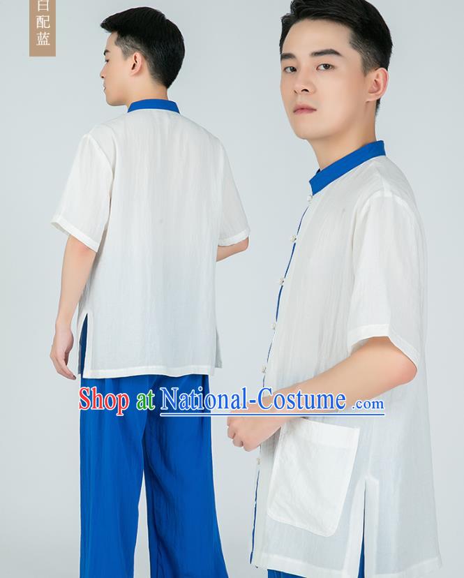 Asian Chinese Traditional Tai Chi White Flax Shirt and Blue Pants Martial Arts Costumes China Kung Fu Outfits for Men