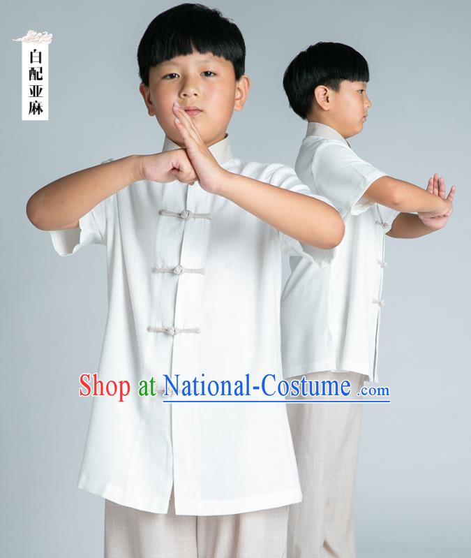 Asian Chinese Traditional Tai Chi White Linen Shirt and Pants Martial Arts Costumes China Kung Fu Outfits for Kids