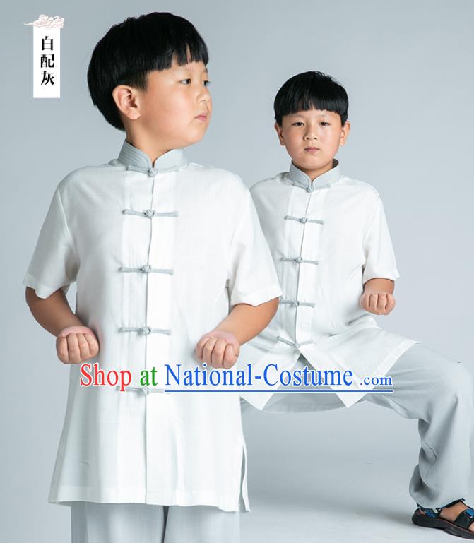 Asian Chinese Traditional Tai Chi White Linen Shirt and Grey Pants Martial Arts Costumes China Kung Fu Outfits for Kids