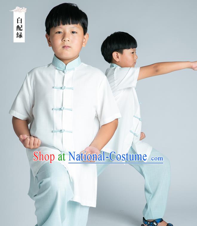 Asian Chinese Traditional Tai Chi White Linen Shirt and Blue Pants Martial Arts Costumes China Kung Fu Outfits for Kids