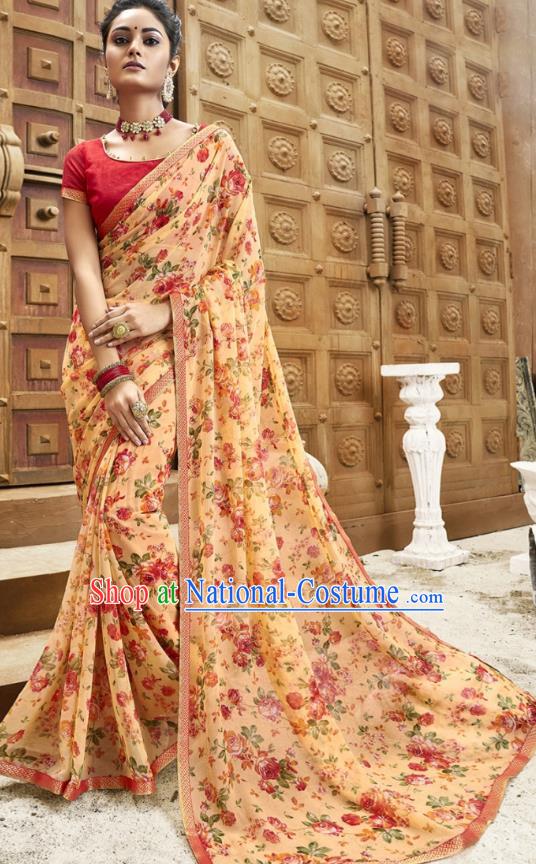 Asian India National Printing Apricot Georgette Saree Asia Indian Festival Dance Costumes Traditional Female Blouse and Sari Dress Full Set