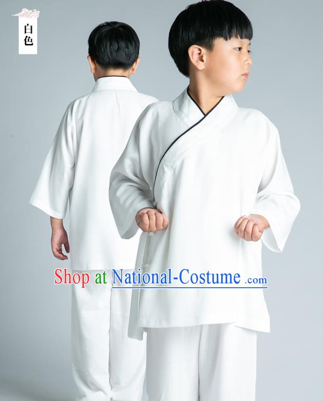 Asian Chinese Traditional Tai Chi Slant Opening White Linen Shirt and Pants Martial Arts Costumes China Kung Fu Outfits for Kids