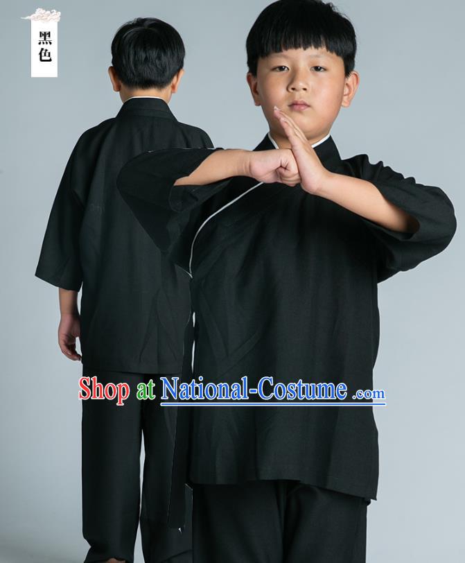 Asian Chinese Traditional Tai Chi Slant Opening Black Linen Shirt and Pants Martial Arts Costumes China Kung Fu Outfits for Kids