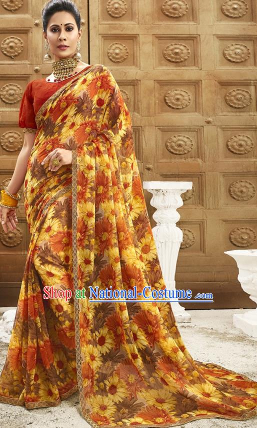 Asian India National Printing Sunflowers Yellow Georgette Saree Asia Indian Festival Dance Costumes Traditional Female Blouse and Sari Dress Full Set