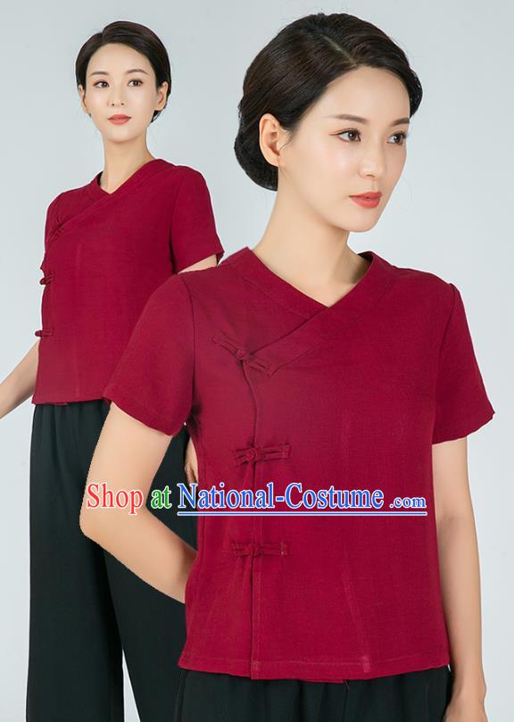 Professional Chinese Kung Fu Training Wine Red Flax Blouse Martial Arts Shaolin Gongfu Costumes Tang Suit Tai Ji Upper Outer Garment for Women