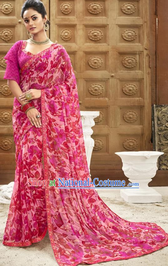 Asian India National Printing Rosy Georgette Saree Asia Indian Festival Dance Costumes Traditional Female Blouse and Sari Dress Full Set