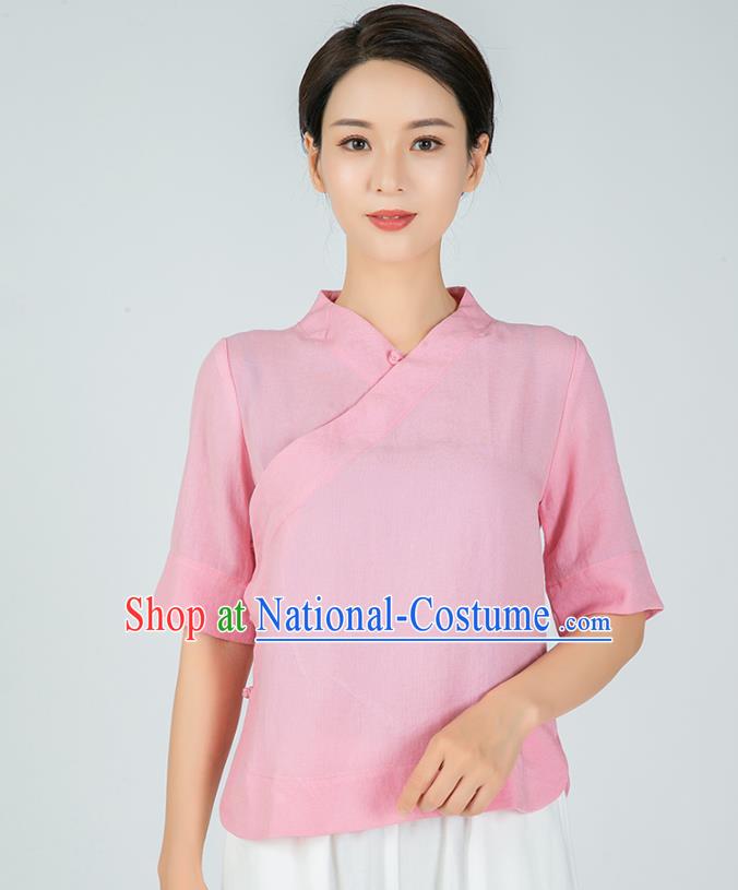 Professional Chinese Tai Chi Pink Flax Short Sleeve Blouse Martial Arts Shaolin Gongfu Costumes Kung Fu Training Garment Tang Suit Upper Outer for Women