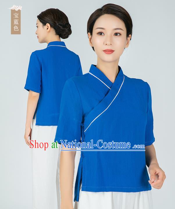 Professional Chinese Tai Chi Royalblue Flax Blouse and Pants Outfits Martial Arts Shaolin Gongfu Costumes Kung Fu Training Garment for Women