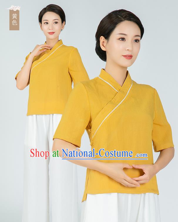 Professional Chinese Tai Chi Yellow Flax Blouse and Pants Outfits Martial Arts Shaolin Gongfu Costumes Kung Fu Training Garment for Women