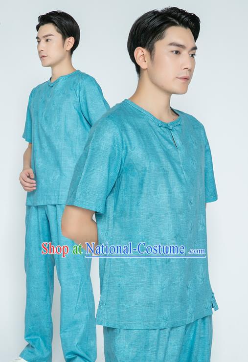 Top Grade Chinese Martial Arts Training Jacquard Blue Flax Uniforms Kung Fu Costume Shaolin Gongfu Tai Ji Shirt and Pants for Men