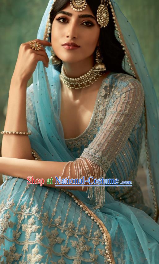 Top Asian India Blue Lehenga Costumes Asia Indian Traditional Bride Embroidered Blouse and Skirt and Sari Full Set