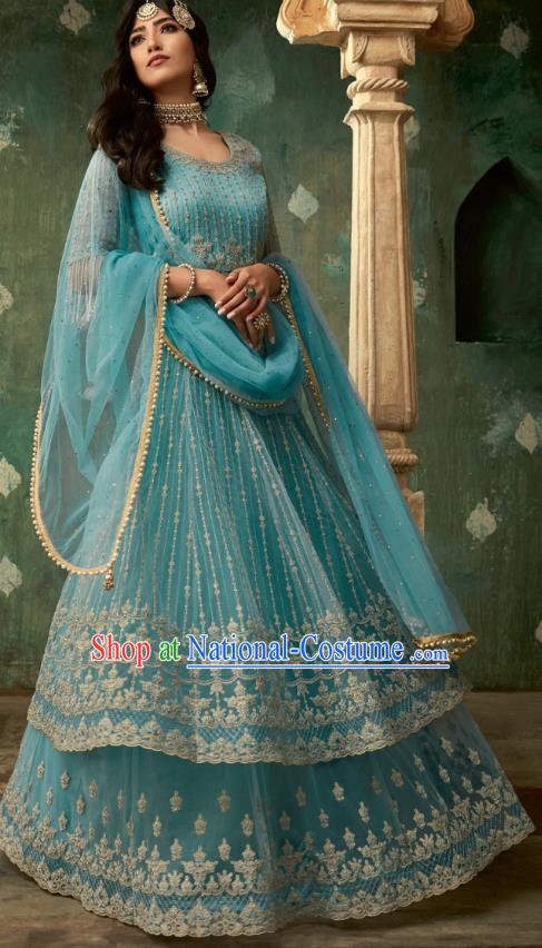 Top Asian India Blue Lehenga Costumes Asia Indian Traditional Bride Embroidered Blouse and Skirt and Sari Full Set