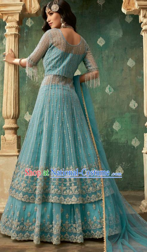 Top Asian India Blue Lehenga Costumes Asia Indian Traditional Bride Embroidered Blouse and Skirt and Sari Full Set