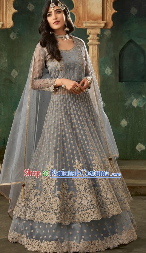 Top Asian India Grey Lehenga Costumes Asia Indian Traditional Bride Embroidered Blouse and Skirt and Sari Full Set