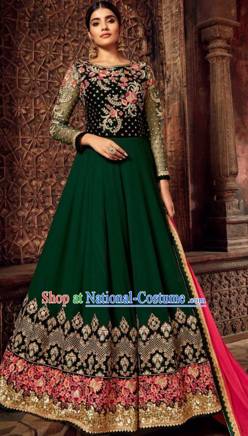 Asian India National Embroidered Deep Green Anarkali Dress Asia Indian Festival Dance Costumes Traditional Female Clothing and Sari Full Set