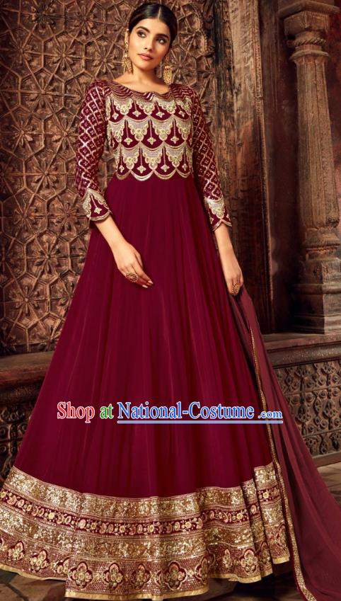 Asian India National Embroidered Maroon Anarkali Dress Asia Indian Festival Dance Costumes Traditional Female Clothing and Sari Full Set