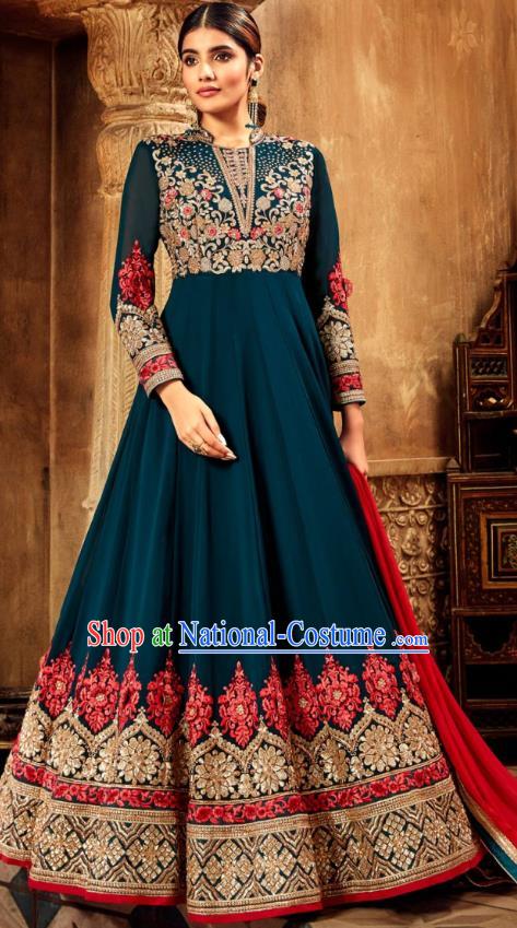 Asian India National Embroidered Teal Anarkali Dress Asia Indian Festival Dance Costumes Traditional Female Clothing and Sari Full Set