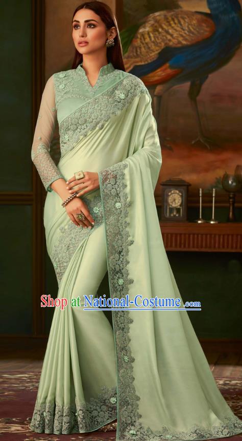 Asian India Bollywood Embroidered Light Green Crepe Saree Asia Indian National Festival Dance Costumes Traditional Court Woman Blouse and Sari Dress Full Set