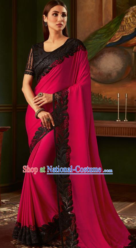 Asian India Bollywood Embroidered Rosy Crepe Saree Asia Indian National Festival Dance Costumes Traditional Court Woman Blouse and Sari Dress Full Set