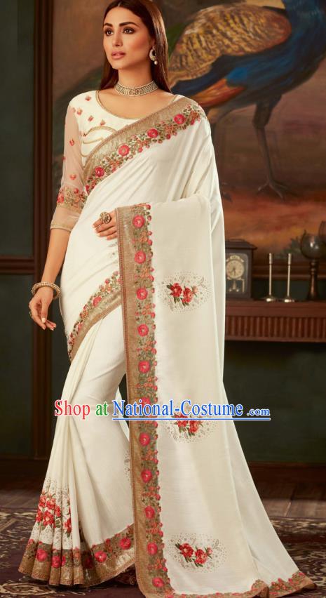 Asian India Bollywood Embroidered White Crepe Saree Asia Indian National Festival Dance Costumes Traditional Court Woman Blouse and Sari Dress Full Set