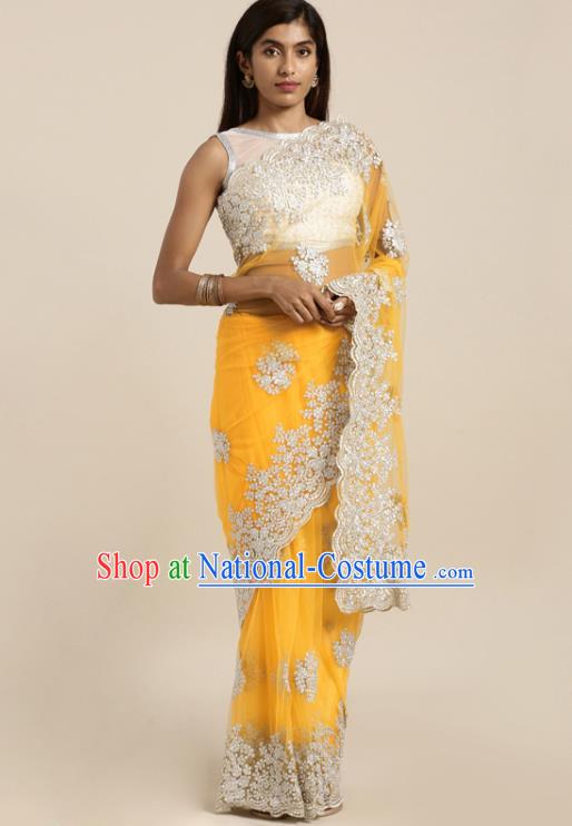 Asian India National Embroidered Yellow Saree Dress Asia Indian Festival Dance Costumes Traditional Female Clothing Blouse and Sari Full Set