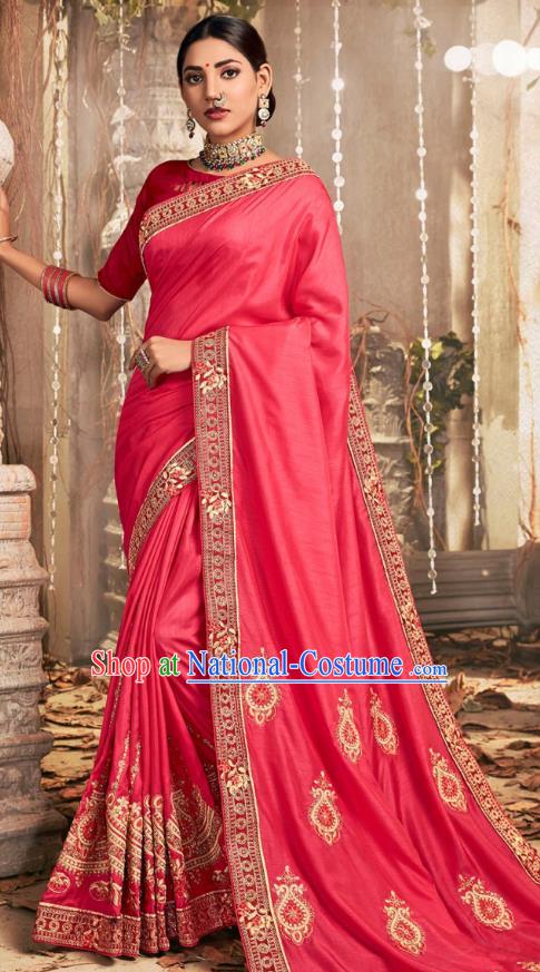 Asian India National Embroidered Peach Pink Chanderi Silk Saree Dress Asia Indian Festival Dance Blouse and Sari Costumes Traditional Court Female Clothing