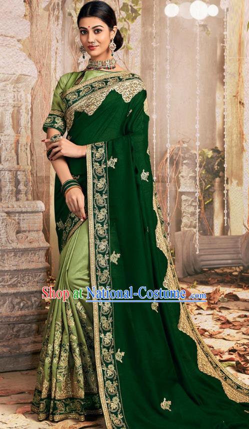 Asian India National Embroidered Deep Green Chanderi Silk Saree Dress Asia Indian Festival Dance Blouse and Sari Costumes Traditional Court Female Clothing