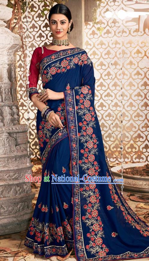 Asian India National Embroidered Deep Blue Chanderi Silk Saree Dress Asia Indian Festival Dance Blouse and Sari Costumes Traditional Court Female Clothing