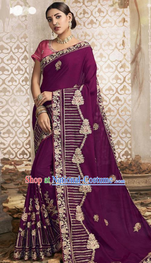 Asian India National Embroidered Purple Chanderi Silk Saree Dress Asia Indian Festival Dance Blouse and Sari Costumes Traditional Court Female Clothing