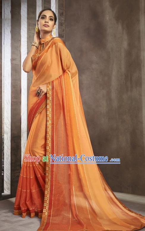 Asian India National Bride Orange Chiffon Saree Dress Asia Indian Festival Blouse and Sari Traditional Bollywood Dance Costumes for Women