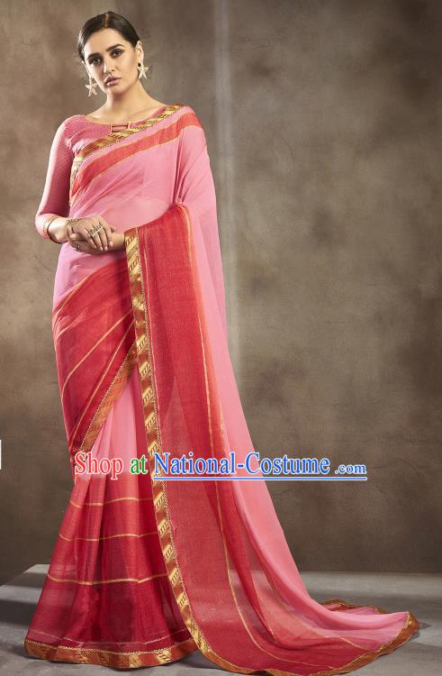 Asian India National Bride Pink Chiffon Saree Dress Asia Indian Festival Blouse and Sari Traditional Bollywood Dance Costumes for Women