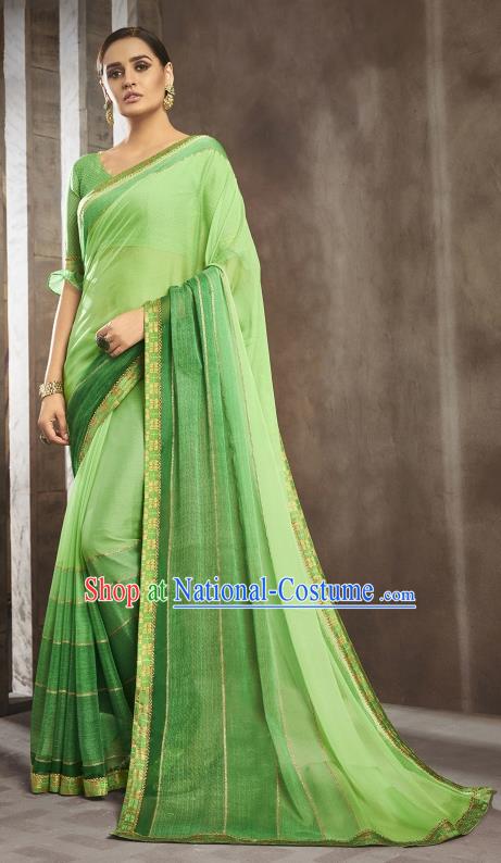 Asian India National Bride Green Chiffon Saree Dress Asia Indian Festival Blouse and Sari Traditional Bollywood Dance Costumes for Women