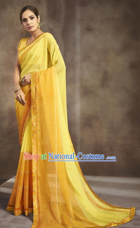 Asian India National Bride Yellow Chiffon Saree Dress Asia Indian Festival Blouse and Sari Traditional Bollywood Dance Costumes for Women