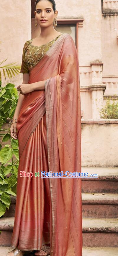 Asian India National Female Pink Chiffon Saree Dress Traditional Bollywood Dance Costumes Asia Indian Festival Blouse and Sari for Women