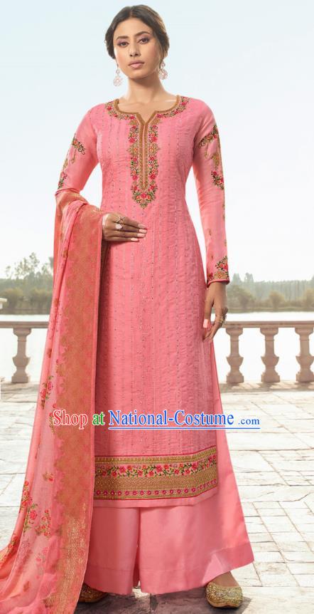 Asian India Traditional Costumes Asia Indian National Festival Punjab Suits Pink Silk Long Blouse Shawl and Loose Pants Complete Set