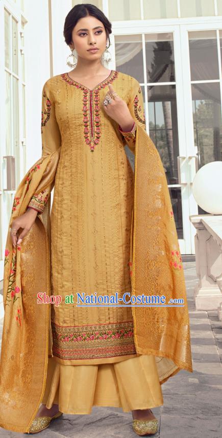 Asian India Traditional Costumes Asia Indian National Festival Punjab Suits Ginger Silk Long Blouse Shawl and Loose Pants Complete Set