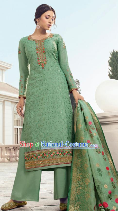 Asian India Traditional Costumes Asia Indian National Festival Punjab Suits Deep Green Silk Long Blouse Shawl and Loose Pants Complete Set