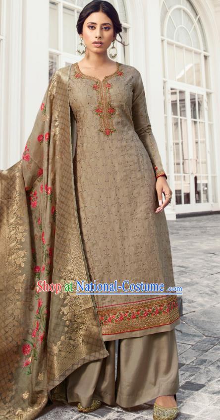 Asian India Traditional Costumes Asia Indian National Festival Punjab Suits Brown Silk Long Blouse Shawl and Loose Pants Complete Set