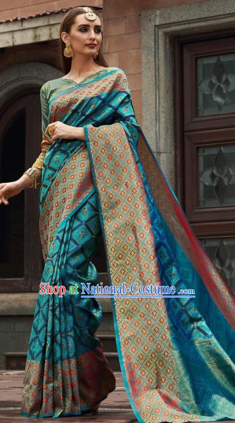 Asian India Court Blue Silk Saree Traditional Bollywood Dance Costumes Asia Indian National Festival Blouse and Sari Dress for Women