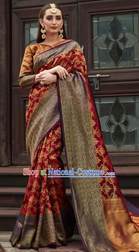 Asian India Court Maroon Silk Saree Traditional Bollywood Dance Costumes Asia Indian National Festival Blouse and Sari Dress for Women