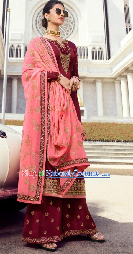 Asian India Traditional Informal Costumes Asia Indian National Punjab Suits Wine Red Satin Blouse Shawl and Loose Pants for Rich Woman