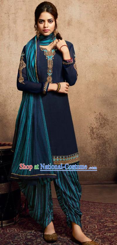 Asian India Traditional Civilian Woman Costumes Asia Indian National Punjab Suits Navy Crepe Long Blouse Shawl and Loose Pants Full Set