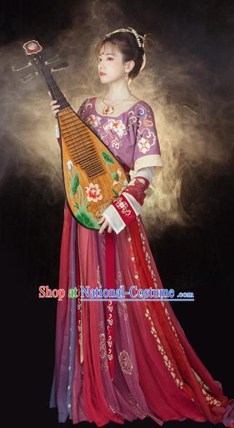 Traditional Chinese Tang Dynasty Court Maid Historical Costumes Ancient Palace Lady Hanfu Dress Apparel Half Sleeved Garment Blouse and Skirt Full Set