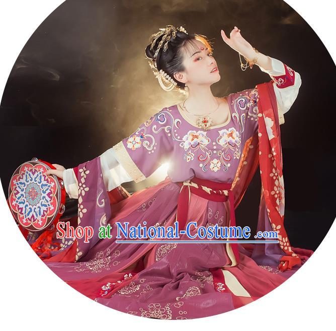 Traditional Chinese Tang Dynasty Court Maid Historical Costumes Ancient Palace Lady Hanfu Dress Apparel Half Sleeved Garment Blouse and Skirt Full Set