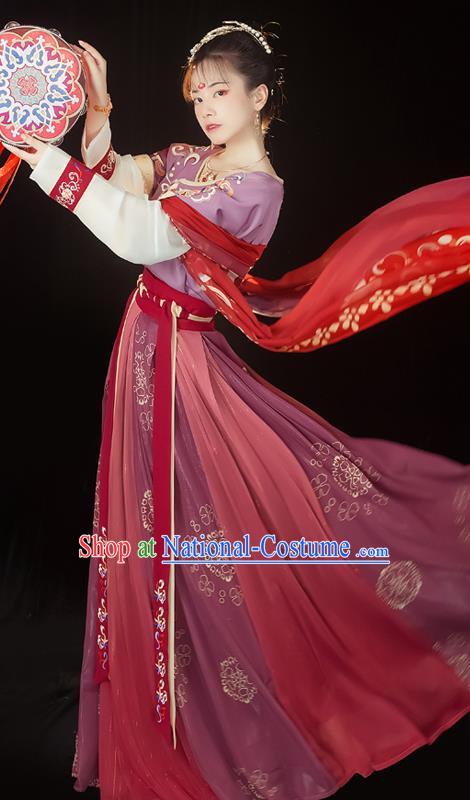 Traditional Chinese Tang Dynasty Court Maid Historical Costumes Ancient Palace Lady Hanfu Dress Apparel Half Sleeved Garment Blouse and Skirt Full Set