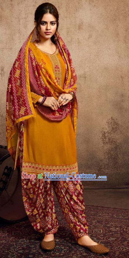 Asian India Traditional Civilian Woman Costumes Asia Indian National Punjab Suits Orange Crepe Long Blouse Shawl and Loose Pants Full Set